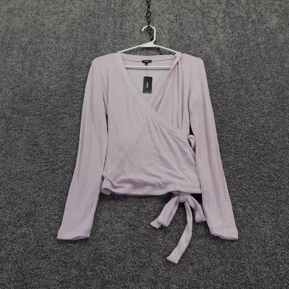 Express Wrap Top Womens Small Pink Ribbed Long Sleeve V Neck Side Tie NWT
